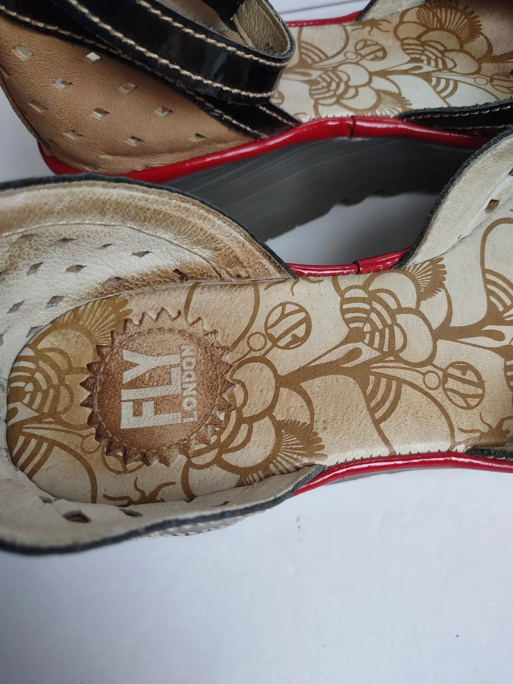 Fly London Tan and Black Wedge Sandals with Red Trim